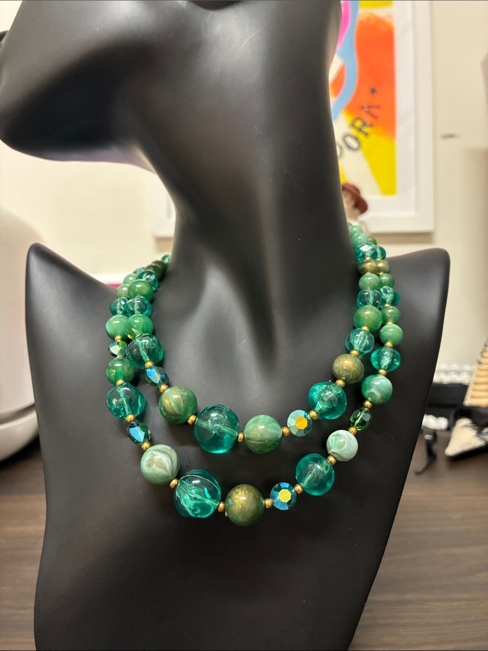 Vintage 1960s Mid-Century Modern Double Strand Green Glass Beaded Necklace